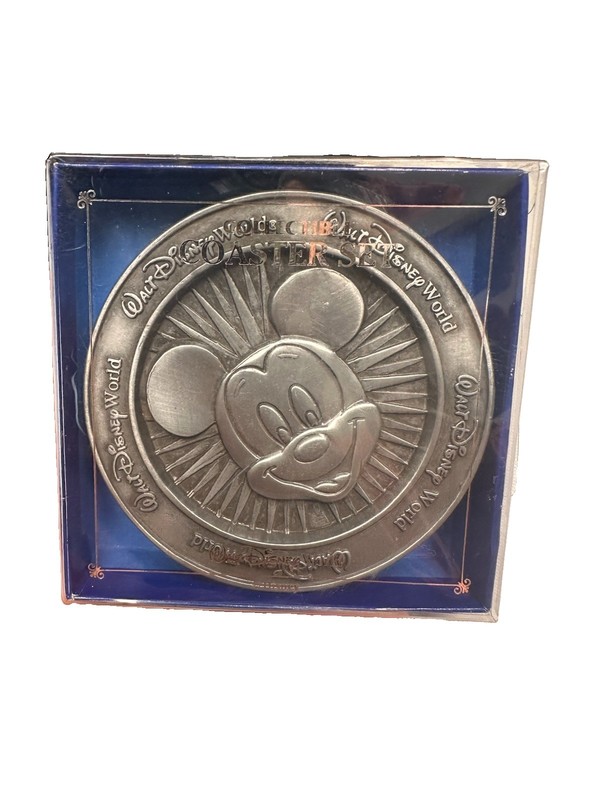Vintage Disney World Mickey Mouse Silver Metal Coaster Set Made in USA Boxed