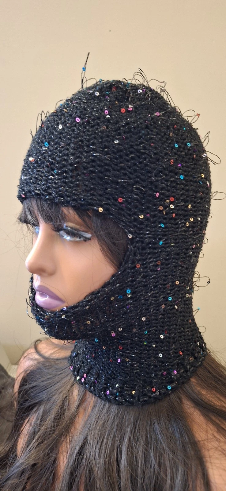 Handmade Black Sequin Knit Balaclava – Y2K Rave Goth Color Pop