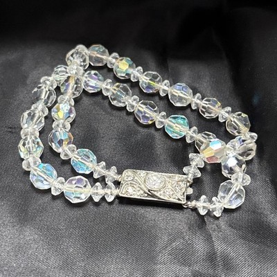 Vintage 1950s Aurora Borealis AB Crystal Double Strand Bracelet Rhinestone Clasp