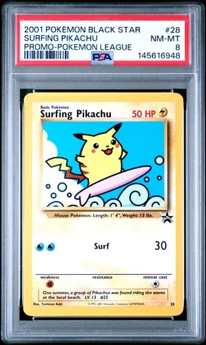 2001 POKEMON PROMO BLACK STAR POKEMON LEAGUE #28 SURFING PIKACHU PSA 8