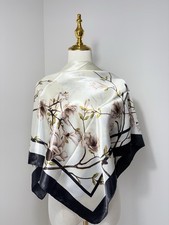 Women's Square Scarf White Satin Floral Flower Print Black Border Multicolor