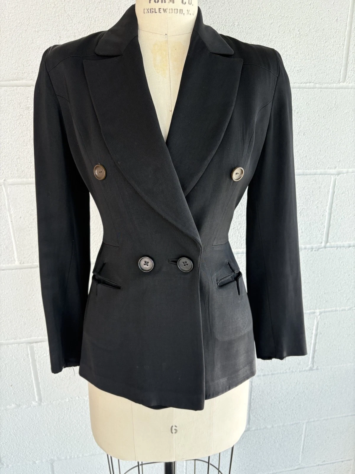 Vintage 1940s Black Wool Gabardine Double Breasted Tailored Blazer - M