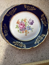 Porzellanteller Kobaltblau mit Goldrand & Blumen Karlsbad 