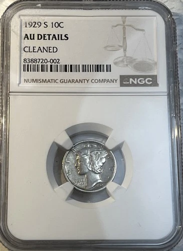 1929 - S Silver Mercury Dime 10 Cents NGC Certified AU Details Cleaned