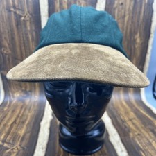 VTG L.L. Bean Green Wool Brown Suede Long Bill Hat USA made Adjustable 1990s L