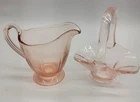 Miniature Pink Depression Glass Creamer/Sugar Cup & Glass Basket Vintage