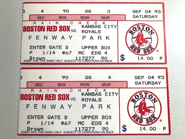 1993 Red Sox Ticket Stub Lot 2X 9/4/93 Fenway Park George Brett Andre Dawson - Image 1 of 2