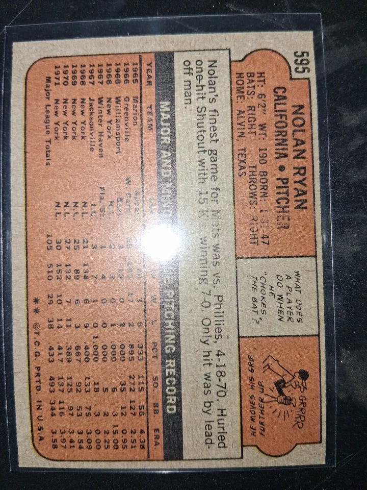1972 Topps  NOLAN RYAN #595  near mint - Image 2 of 2