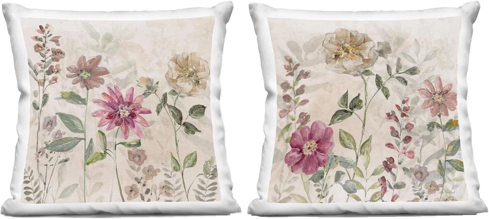 Charming Neutral Garden Blooms Throw Pillows, 18" Pink, Set of 2