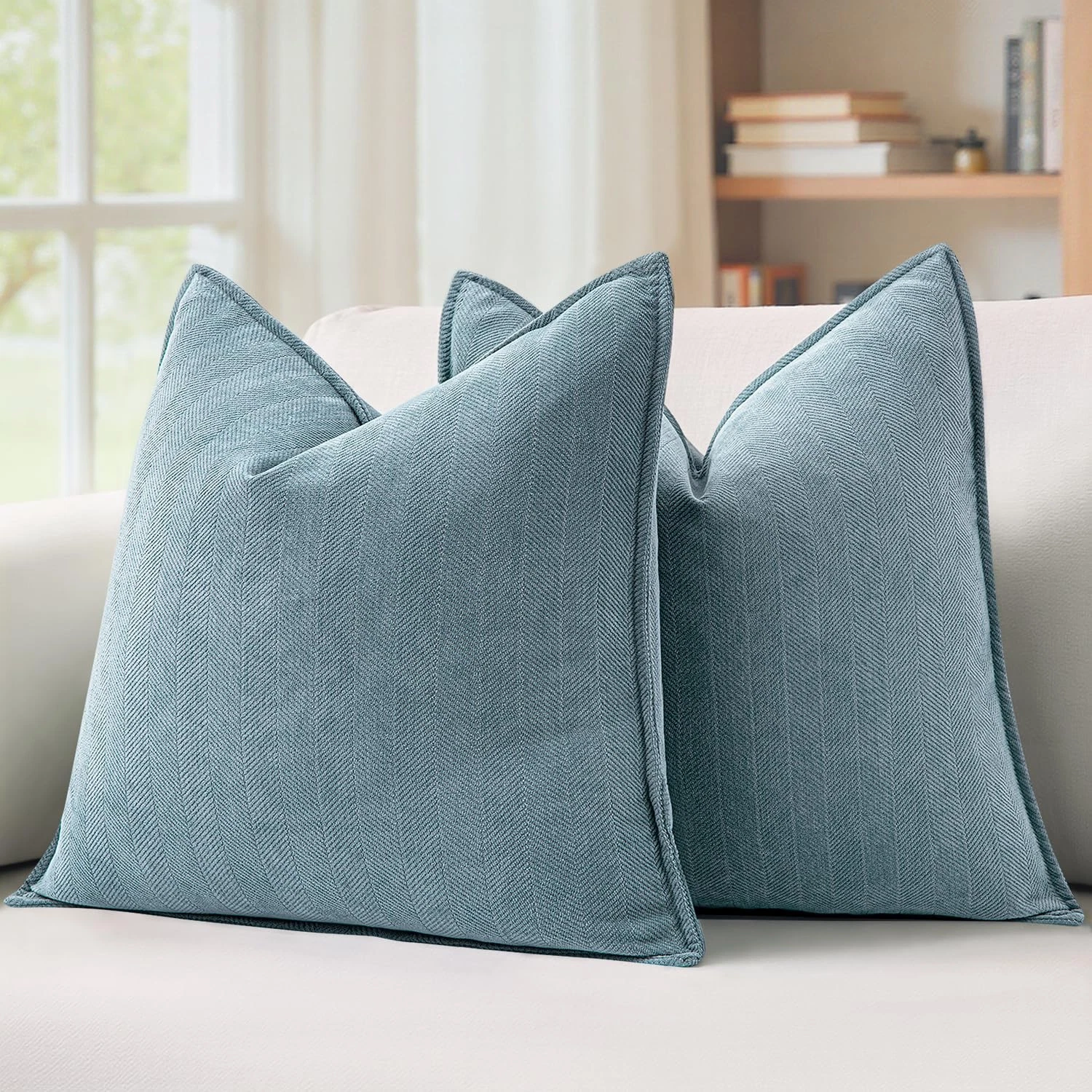 Pack of 2 Dusty Blue Decorative Pillow Covers 20x20 Inch Soft Chenille Luxuri...