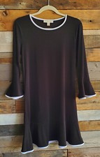 Michael Kors Black w/White Trim Bell Sleeves Ruffled Hem Dress Sz M Sharp Womens