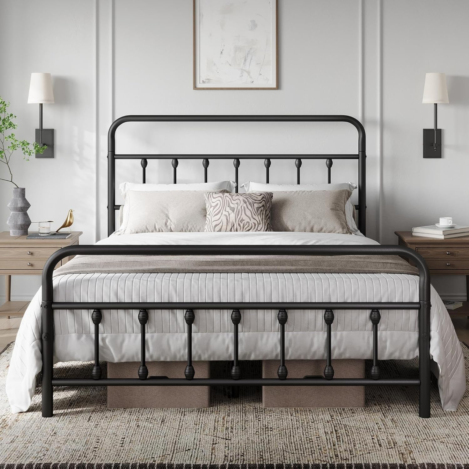 Classic Metal Platform Bed Frame Mattress Foundation with Victorian Style Iron-A