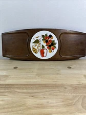 Vintage MCM Fred Press Hardwood Ceramic Gold Red Grapes Apples Cheese Board Tile