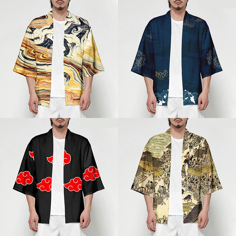 Unisex 3/4 Ärmel Strickjacke Kimono Bedruckt Top Lockere Bluse Sommer Yukata - Bild 2 von 4