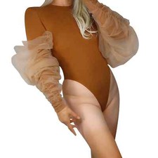 Nude SMOKY GLOVES Lace Tulle Mesh Sheer 60" 150cm Long Puff Sleeves Beige Tan