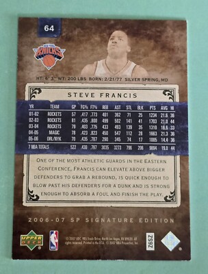 2006-07 SP Signature Edition STEVE FRANCIS #64 New York Knicks SP