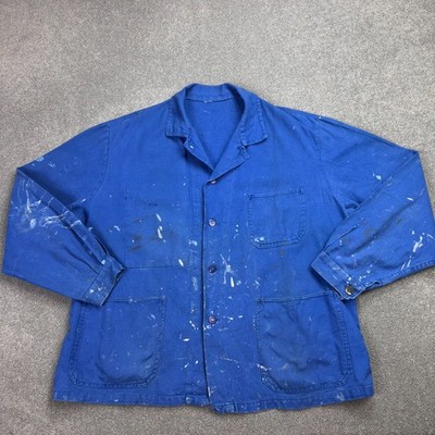 VINTAGE französische Jacke Erwachsene Large blau Arbeitskleidung lästige Arbeit abgenutzt Canvas Herren