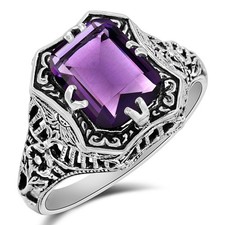 3CT Natural Amethyst 925 Solid Sterling Silver Art Deco Ring Sz 6,7,8,9 US6