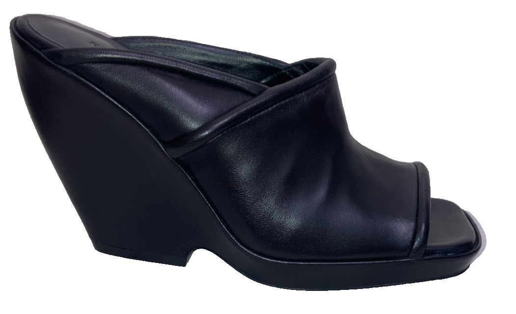 KHAITE Stagg 105 Black Leather Wedge Mule Slide Sandals 37 6.5 7