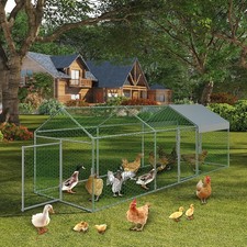 Metal Chicken Coop with Waterproof Cover 3 Door Poultry Cage Outdoor, Silver  