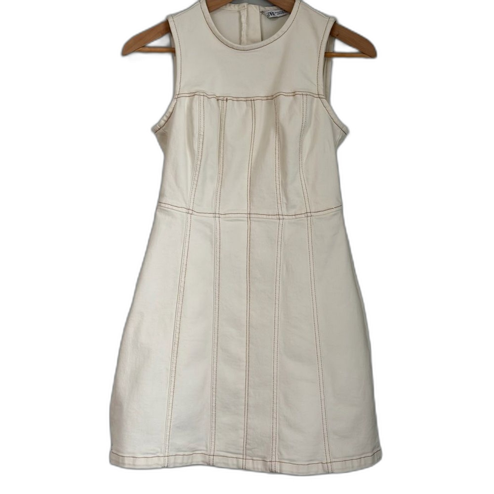 Zara Cream Stretch Denim Fit and Flare Mini Dress, Size XS