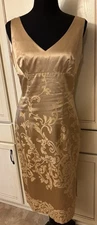 Vintage Y2K Couture Tessuto  Gorgeous Gold Satiny Print Sexy Dress Size 8