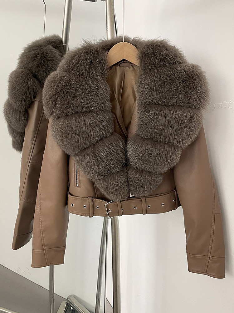 Winter Genuine Fur Collar Fox Fur Grass Coat Women's Leather Biker Down Jackets