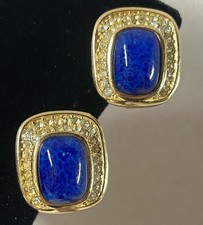VTG Christian Dior Gold Tone Lapis Cab/ Clear Rhinestone Clip On Earrings