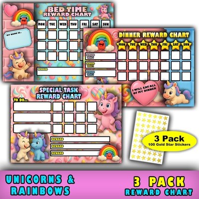 3er Pack - Einhorn und Regenbögen Belohnungstabellen - 100 goldene Sterne - gutes Benehmen