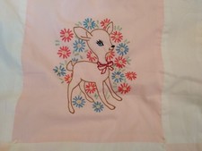 Vintage Hand Embroidered Sweet Pink Baby Crib Quilt 40"x45" Nursey Cottagecore