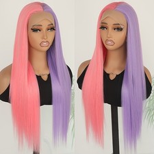 Pink Ombre Purple Lace Front Wigs Long Straight Hair Glueless Heat Resistant Wig