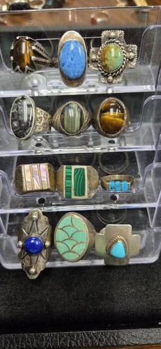 ✨ Lot of 12 Vintage Sterling Silver Rings Turquoise Tiger Eye Malachite 4.60...