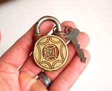 Antique Royal Padlock vintage w/ key steel old chest trunk tool box red gold