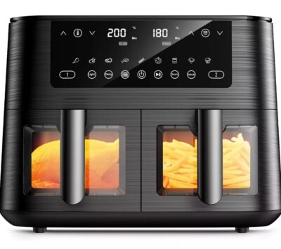 Dual Air Fryer Sichtfenster, 9L XL Fassungsvermögen, 2 Schubladen, 9-in-1 Kochen 
