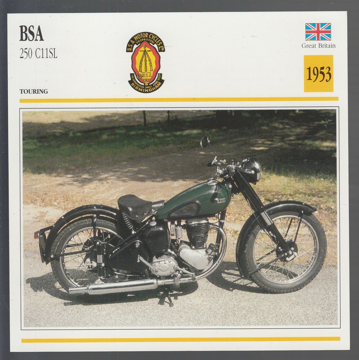 1953 BSA 250 C11SL British Motorcycle Photo Spec Sheet Card