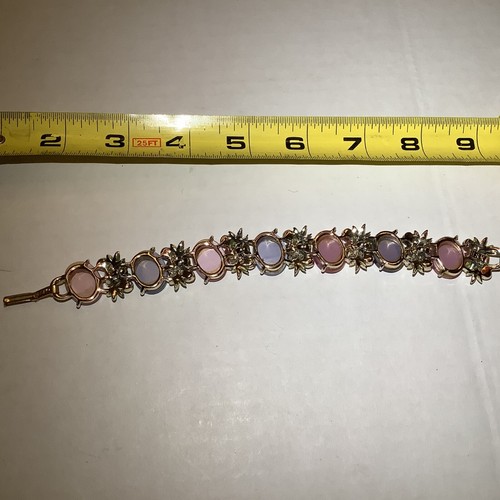 Vintage Moonstone Bracelet with Rhinestones, Auqua Enamel Flowers BSK - Picture 7 of 8