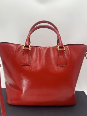 Prada Saffiano Vernice Rosso Red Leather Tote Bag Auth
