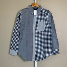 NWT Boys GAP Navy Blue Long Sleeve Mixed Gingham Plaid Button Down Shirt, XXL