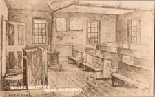 Postcard Line Drawing, where Whittier went to School Haverhill, Mass