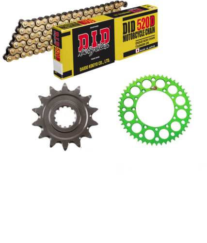 New KX KXF 125 250 450 500 87-25 DID Gold Chain And Renthal Green Sprocket Kit - Afbeelding 1 van 1