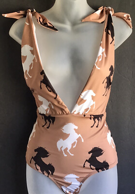 Verde Limon San Antonio Brown Horses One Piece Swimsuit NWOT Size S