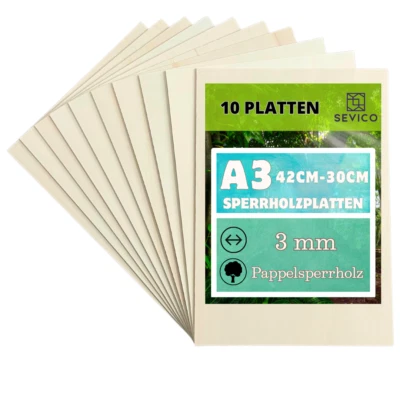 SEVICO Sperrholzplatte A3 | 10 Stück | 3mm | Pappelsperrholz Holz-Zuschnitte