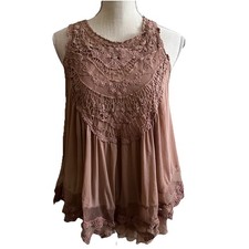 Y2K Babydoll Fairy Tank Top M Mauve Lace Sheer Ruffle Coquette Festival Oversize