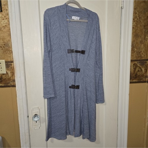 Cardigan Simply Noelle a righe maglione fibbia cinturino chiusura blu tunica donna XXL - Foto 4 di 8