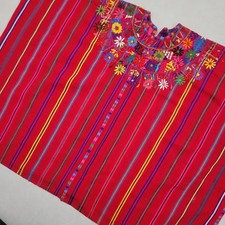 VTG Guatemalan Huipil Top Traditional Handwoven Embroidered Flowers Red 34"x25"