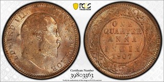 India Británica 1907 C 1/4 Anna PCGS MS64 RB