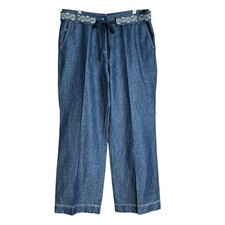 Talbots linen cotton blend wide leg blue pants with embroidered belt 14
