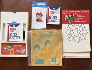 vintage iron on transfers 1970's Lot Fabric Crayon Kit Crayola Art Craft Letters