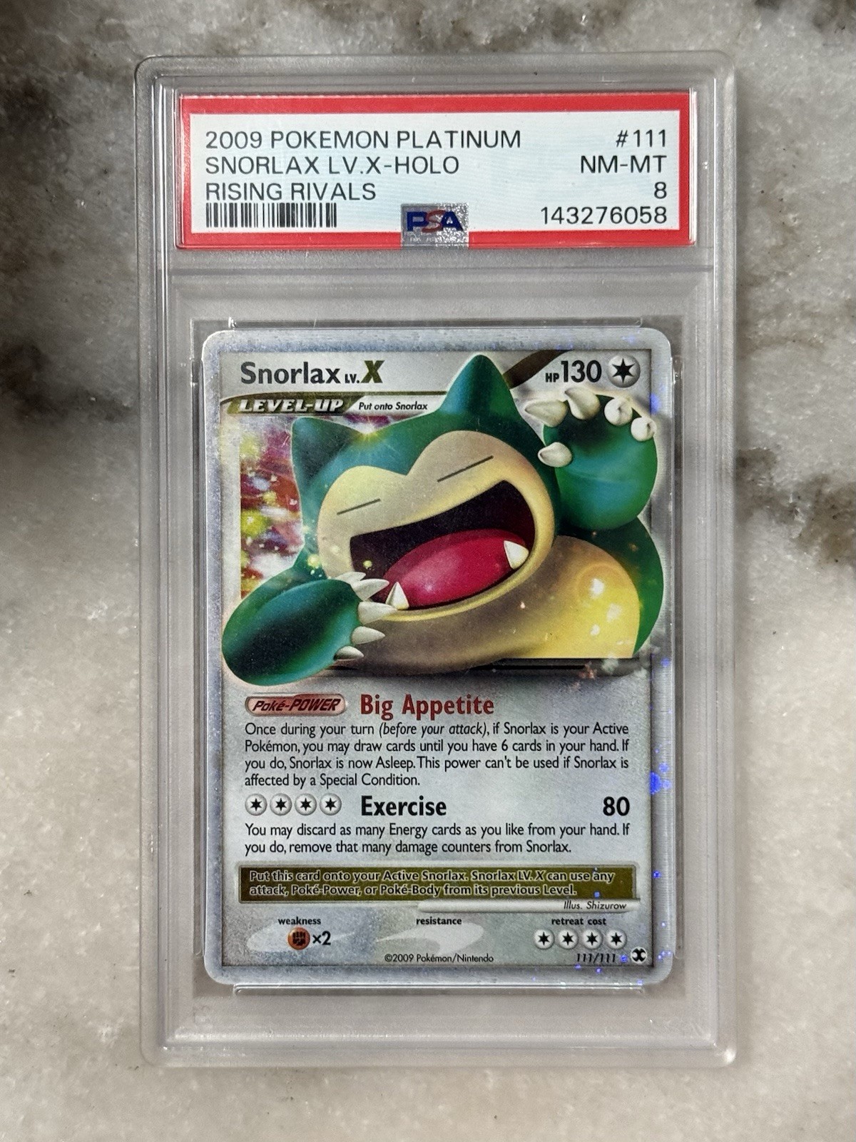 2009 POKEMON PLATINUM RISING RIVALS #111 SNORLAX LV.X-HOLO PSA 8
