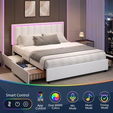 Modern Queen Platform Bed Frame RGB LED Lights Upholstered Headboard 4 Drawers